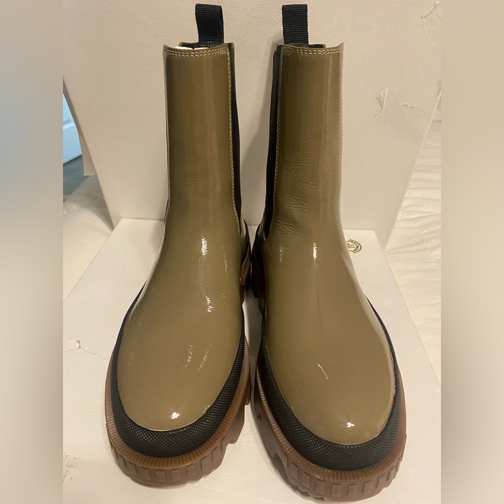 Moncler Olive Patent Chelsea Combat Boots with Brown Lug Sole
